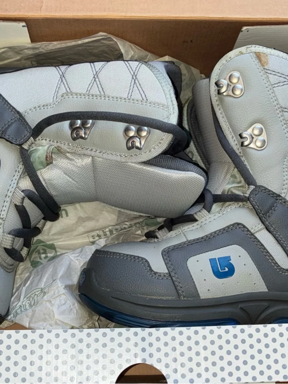 EUC Burton Moto Snowboard Boots Kids Size 3 Youth Winter Snow Ski Grey Blue